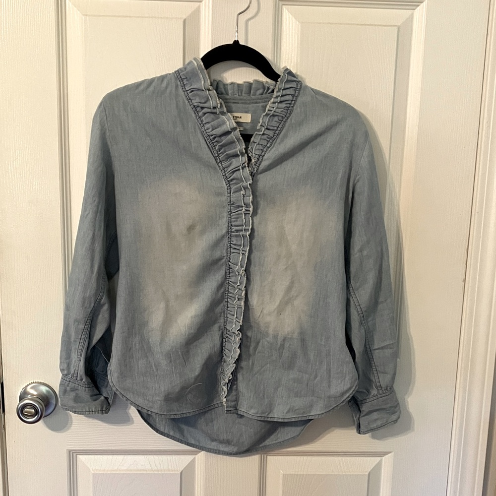 Etoile Isabel Marant chambray denim button down with ruffle detail.